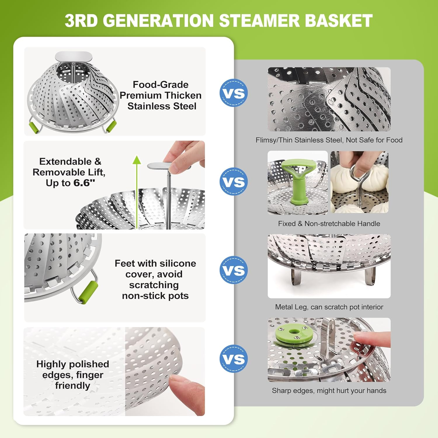 Pavsrmy Steamer Basket, 3Rd Generation Stainless Steel Vegetable Steamer with Ex