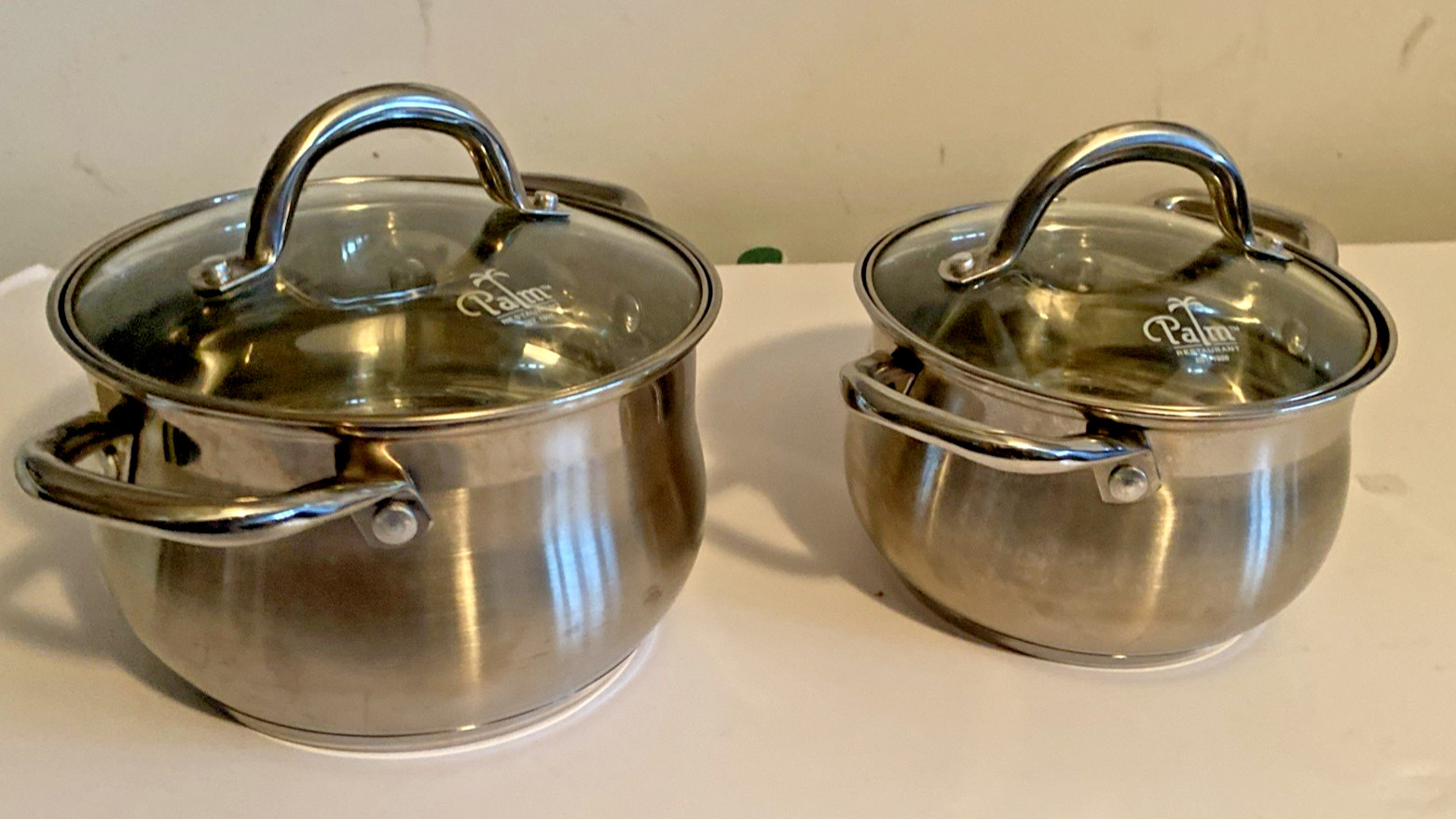2 PALM RESTAURANT Stainless Steel Belly Shaped Pots w/ lids