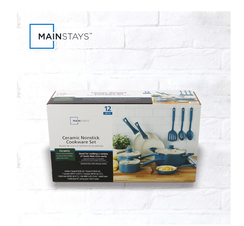12pc Ceramic Nonstick Cookware Set Aluminum Pots Pans Blue Kitchen