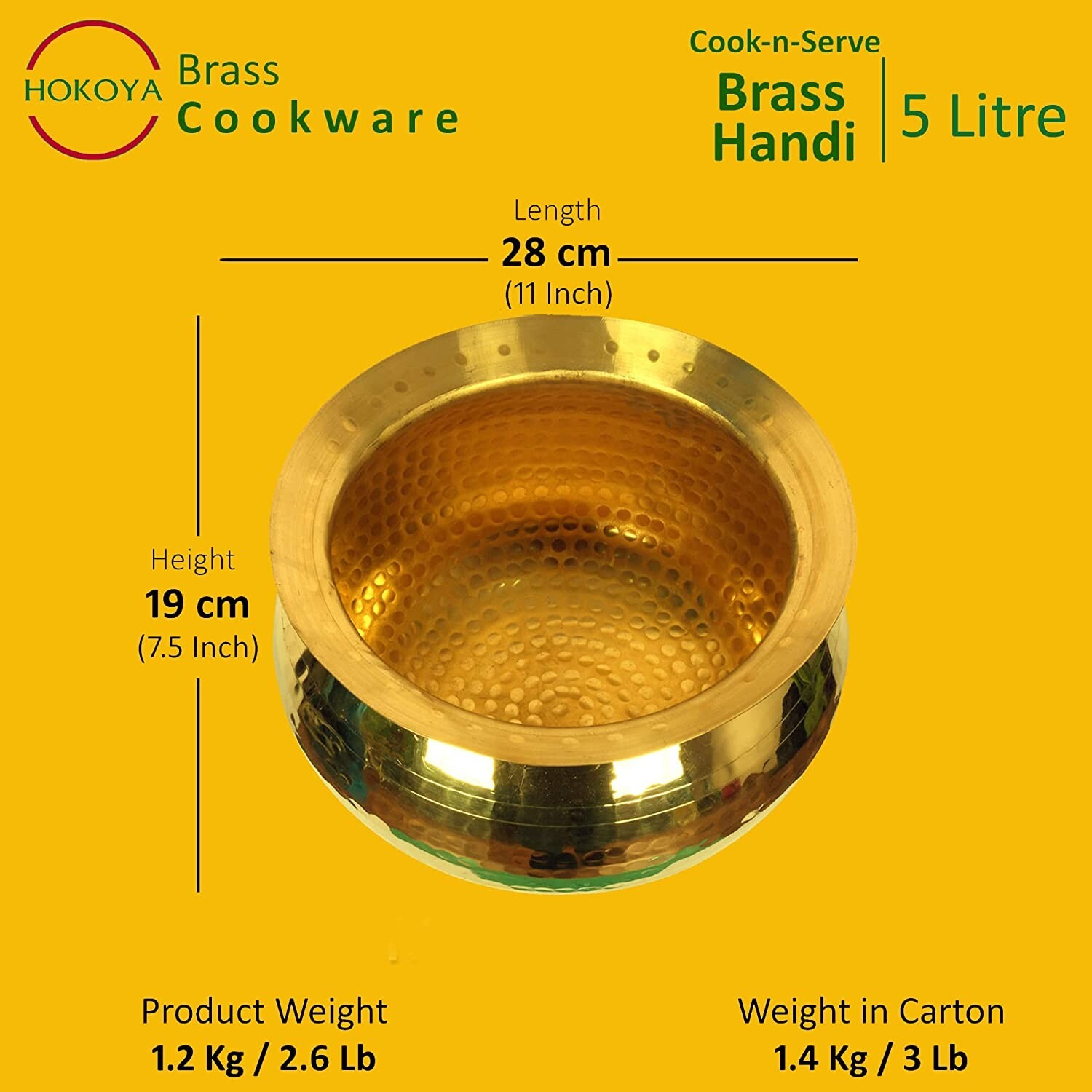 Handmade Brass Traditional Shiny Handi for Cooking 5 Liter Capacity Pack of 1
