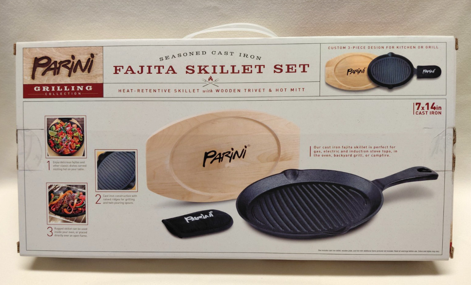 PARINI 3 Piece Grilling Cast Iron Fajita Skillet Set Wooden Trivet Mitt 14″ X 7″