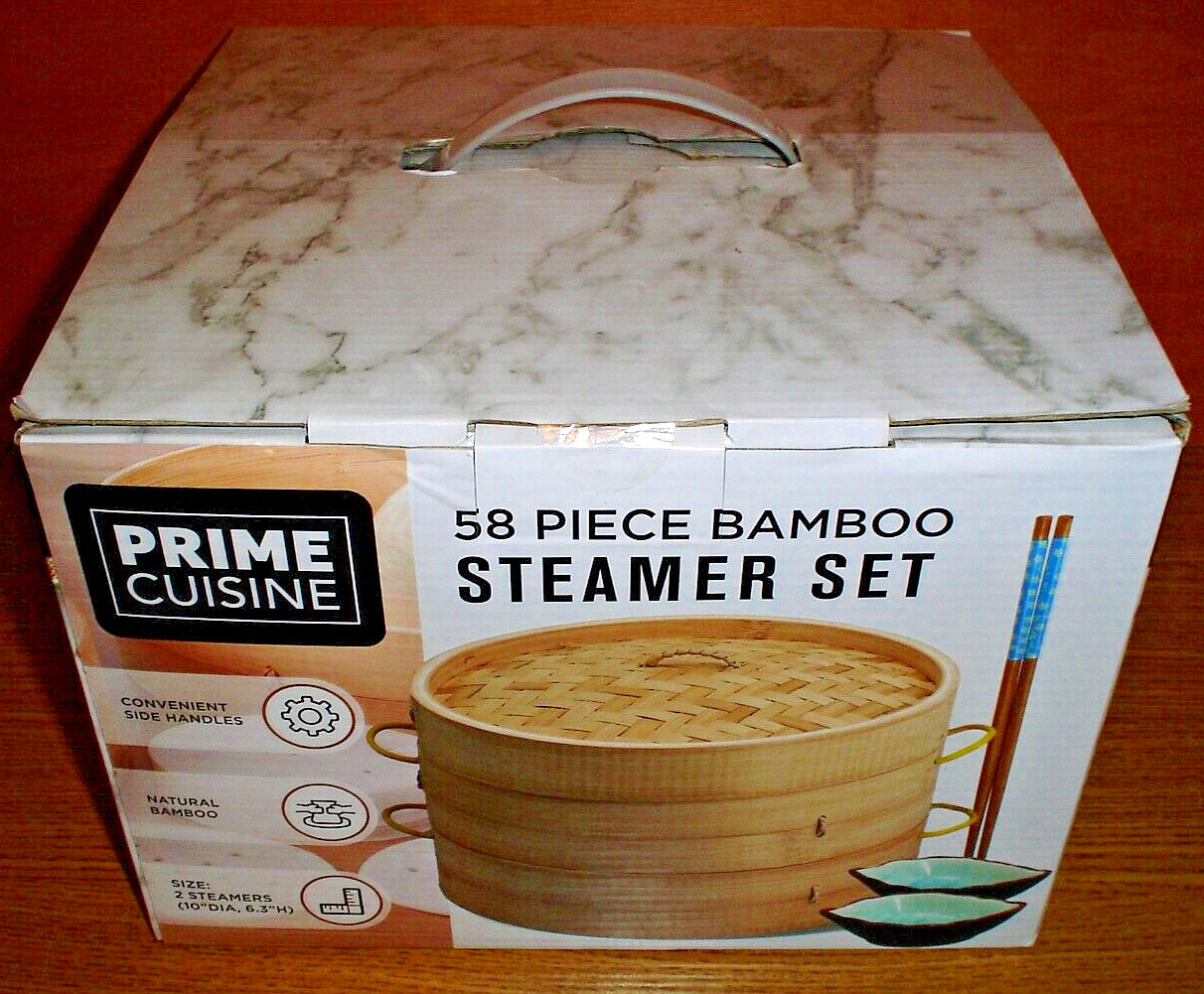 New Prime Cuisine 58 Piece Bamboo Steamer Set w/ Chopsticks Sauce Dishes Liners