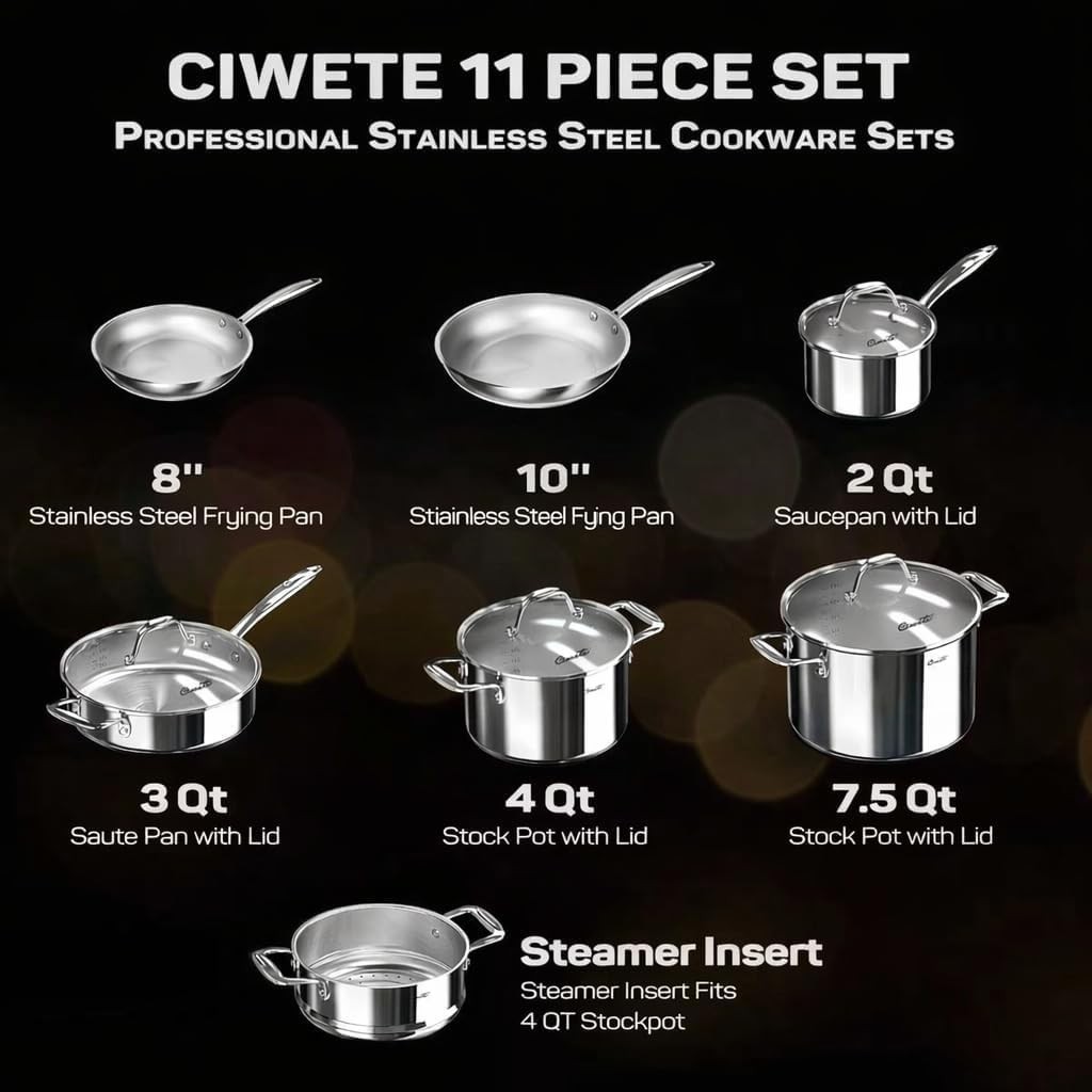 Ciwete 11-Piece Tri-Ply Stainless Steel Pots 11 PC, Sliver