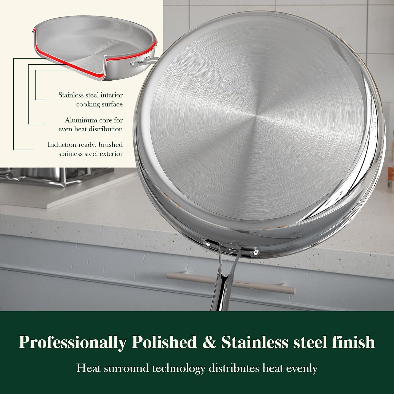 12 Inch Tri-Ply Stainless Steel Frying Pan, Frying Pan with Lid, PFOA/PTFE Fr…