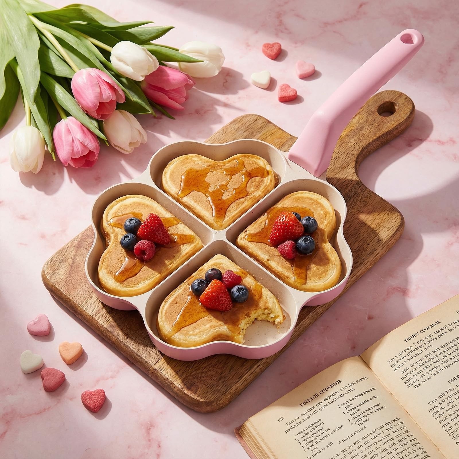 1 PC 4Cup Heart Shaped Divided Nonstick Granite Egg Breakfast Pan Pink
