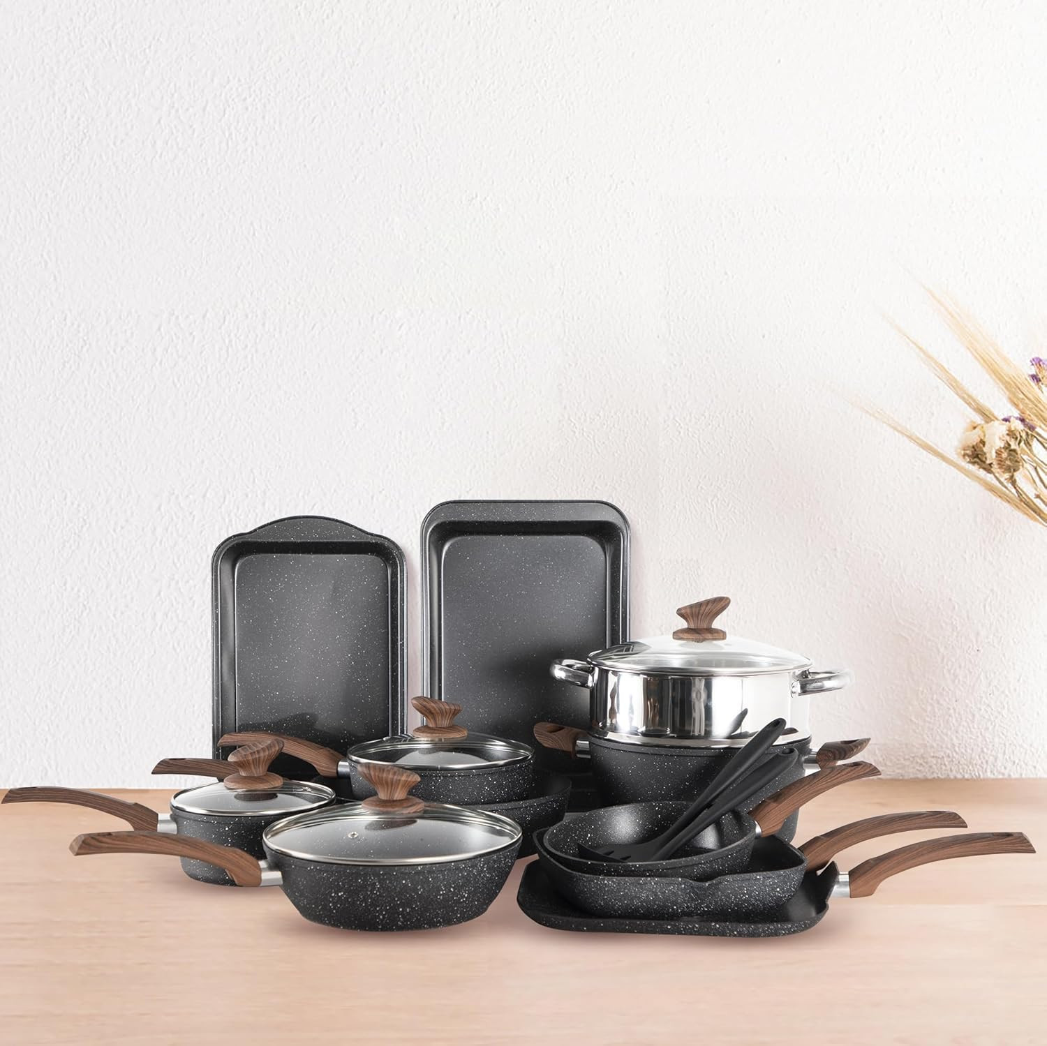 17-Piece Nonstick Granite Cookware Set – Induction Safe, Non-Toxic, Black