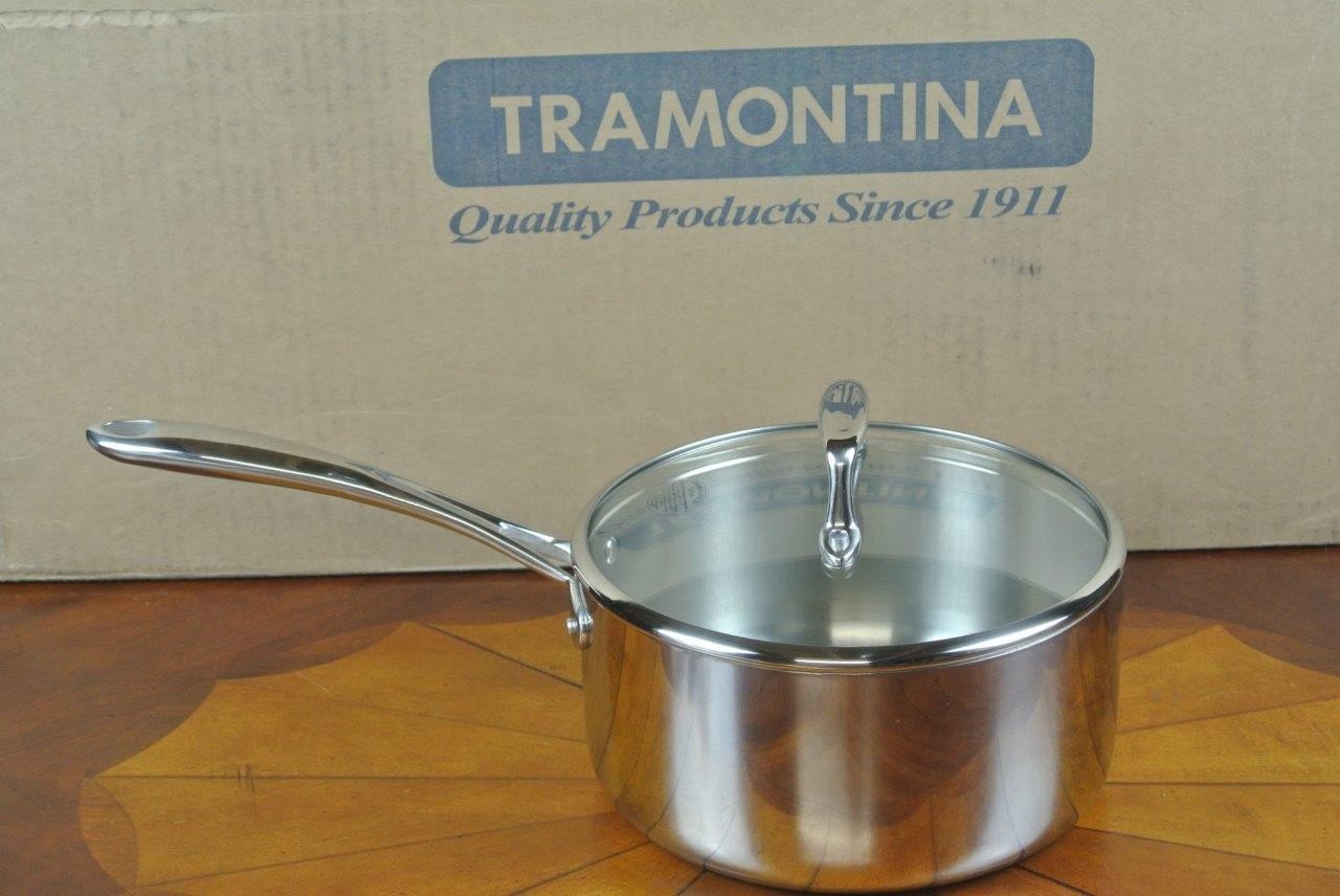 TRAMONTINA 3QT 2.8L Sauce Pan w/ Glass Lid Tri-Clad 18/10 Stainless Steel BRAZIL