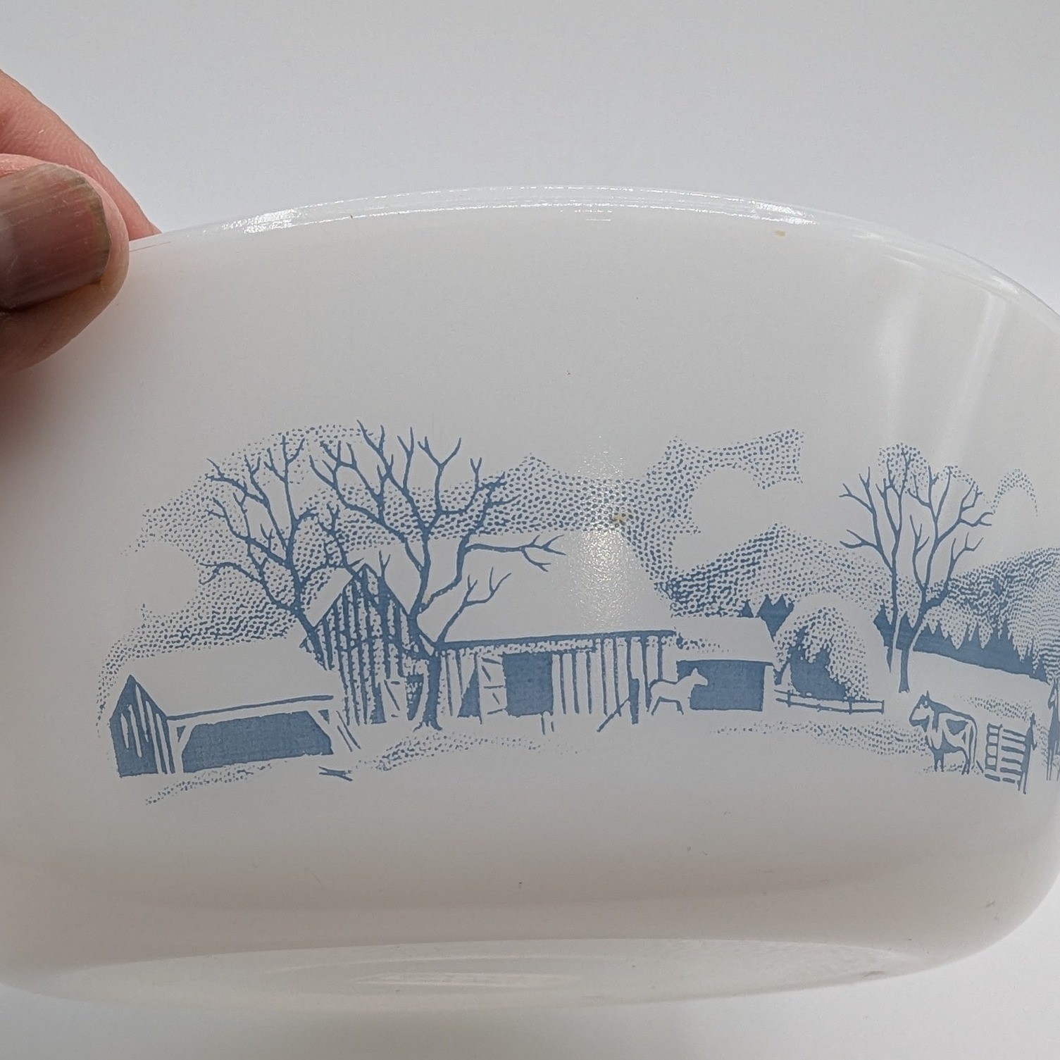 Glasbake Currier & Ives Blue Milk Glass Round Casserole Dish J-514 2 QT USA