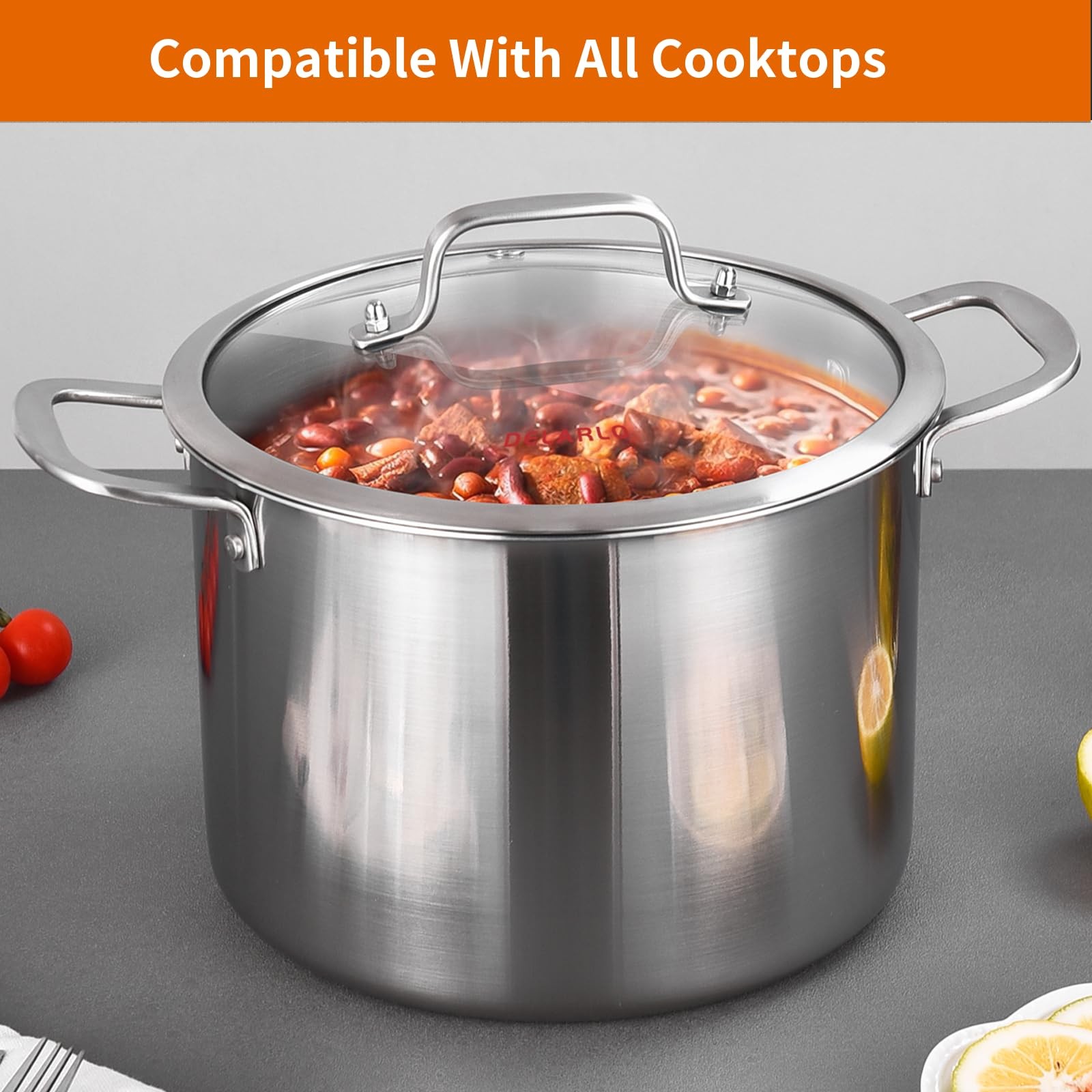 DELARLO Tri-Ply Stainless Steel 8 Quart Stock Pot, Heavy-Duty, All Stove Comp…