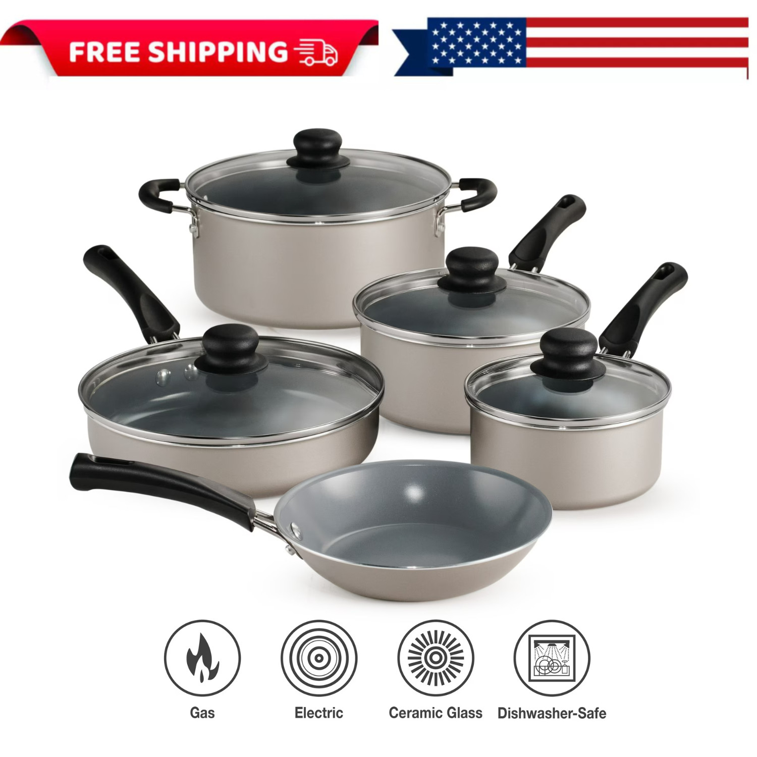 Tramontina 9-Piece Ceramic Cookware Set, Champagne