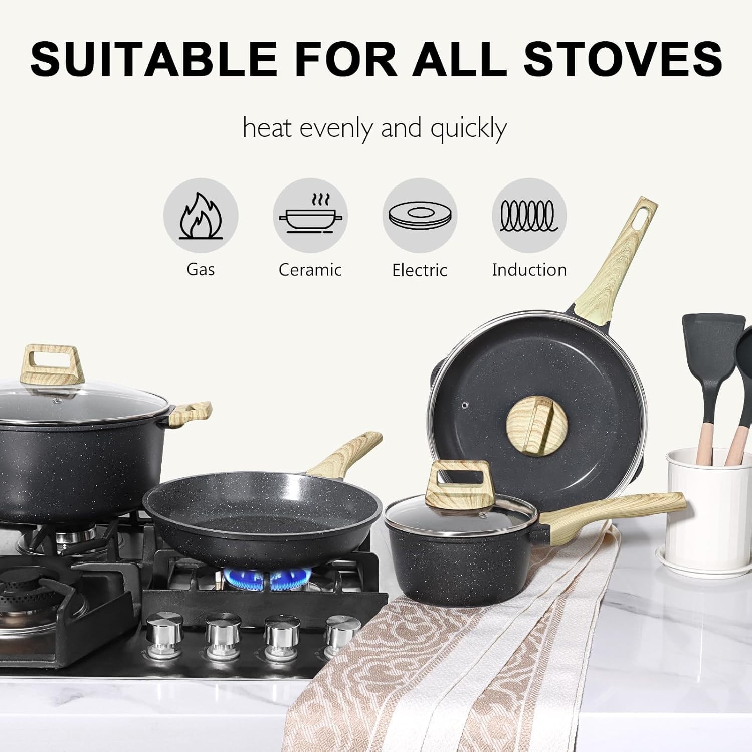 GiPP Ceramic Nonstick Cookware Pots & Pans Set Dark Gray Dishwasher Safe 18PCS