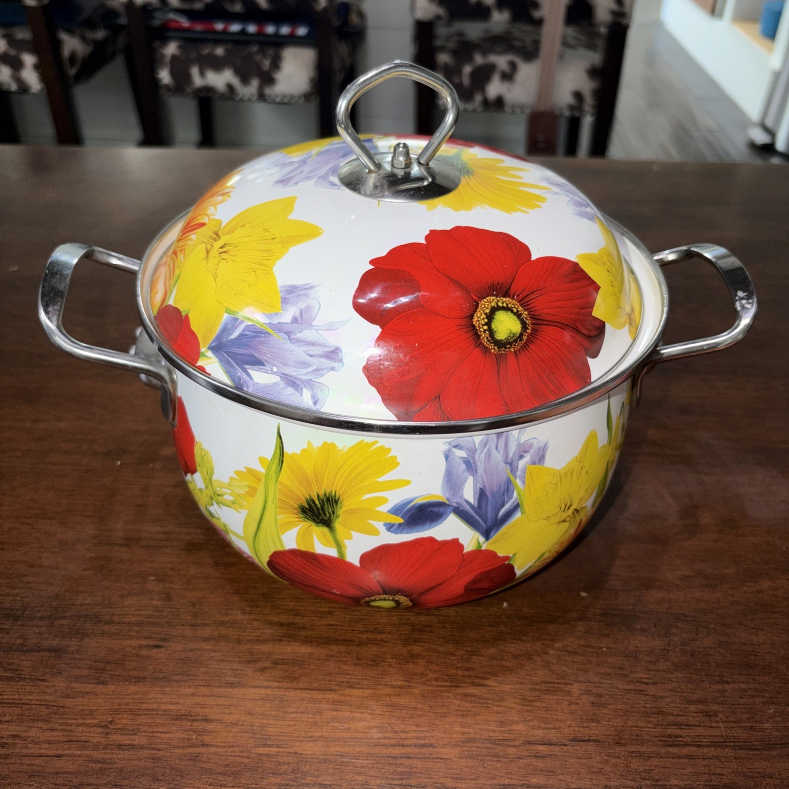 Pioneer Woman Multicolor Floral Enamel Stockpot with Lid Double Handle Steel
