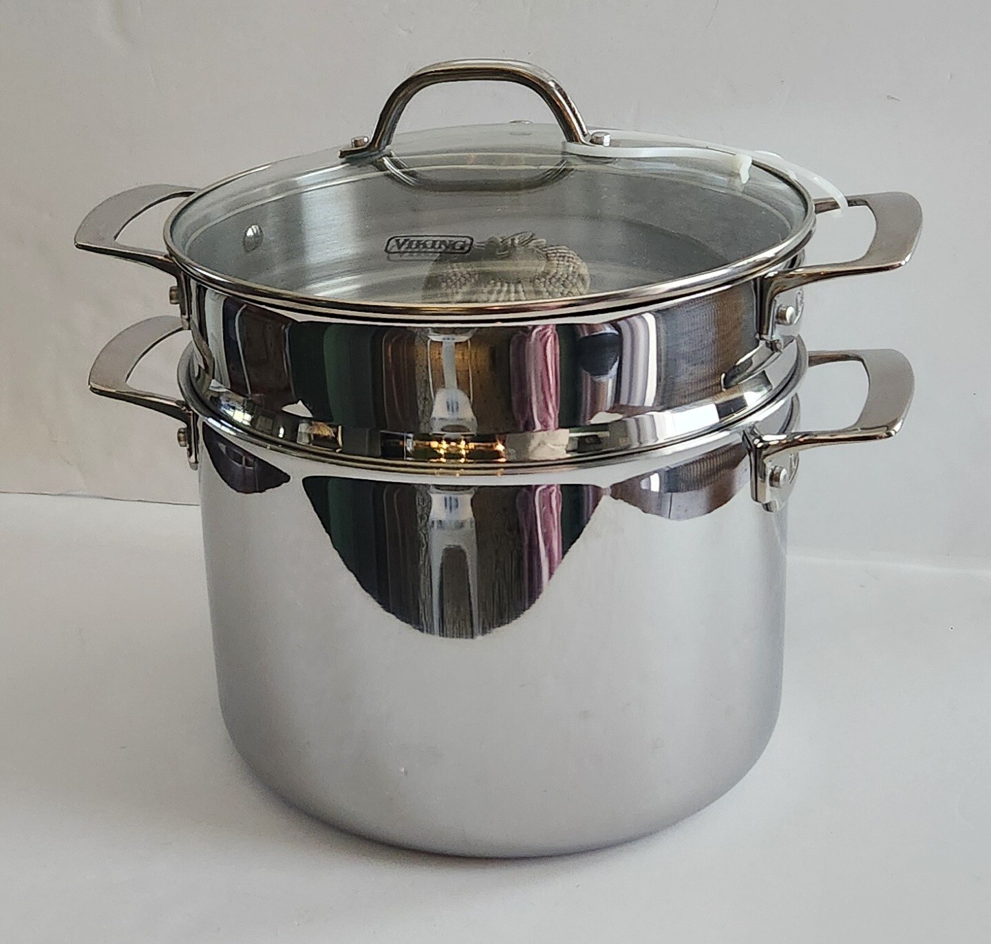 Viking 3-Ply Stainless Steel Stock Pasta Pot, Glass Lid 8 Qt/7.5L 9” D -NEW-