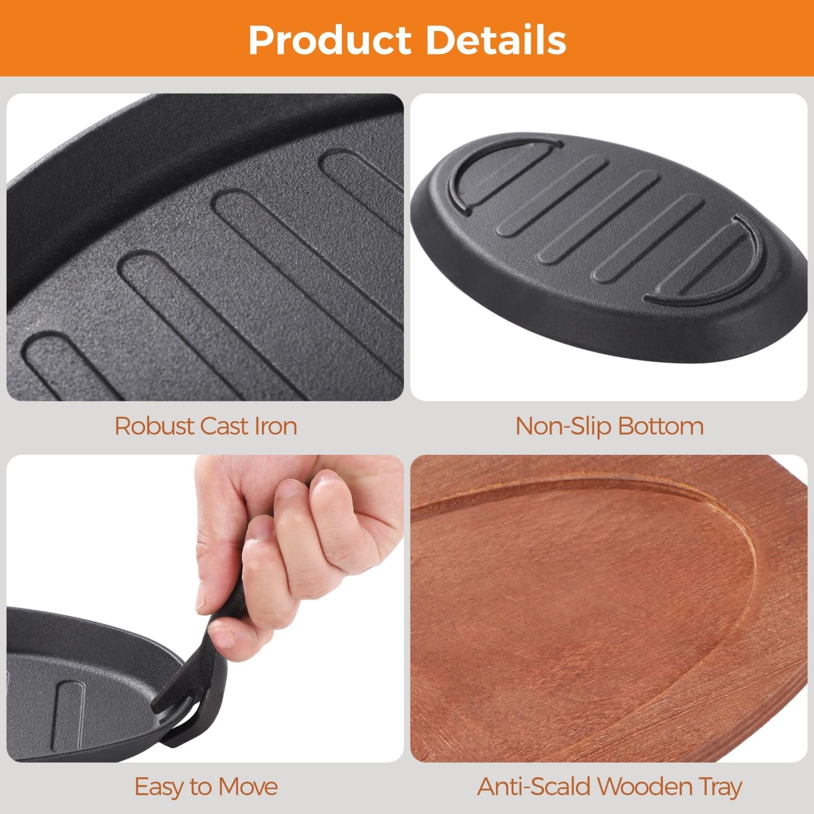 Toyosport 4 Sets Cast Iron Skillet with Wooden Tray, Fajita 4 pack, Black