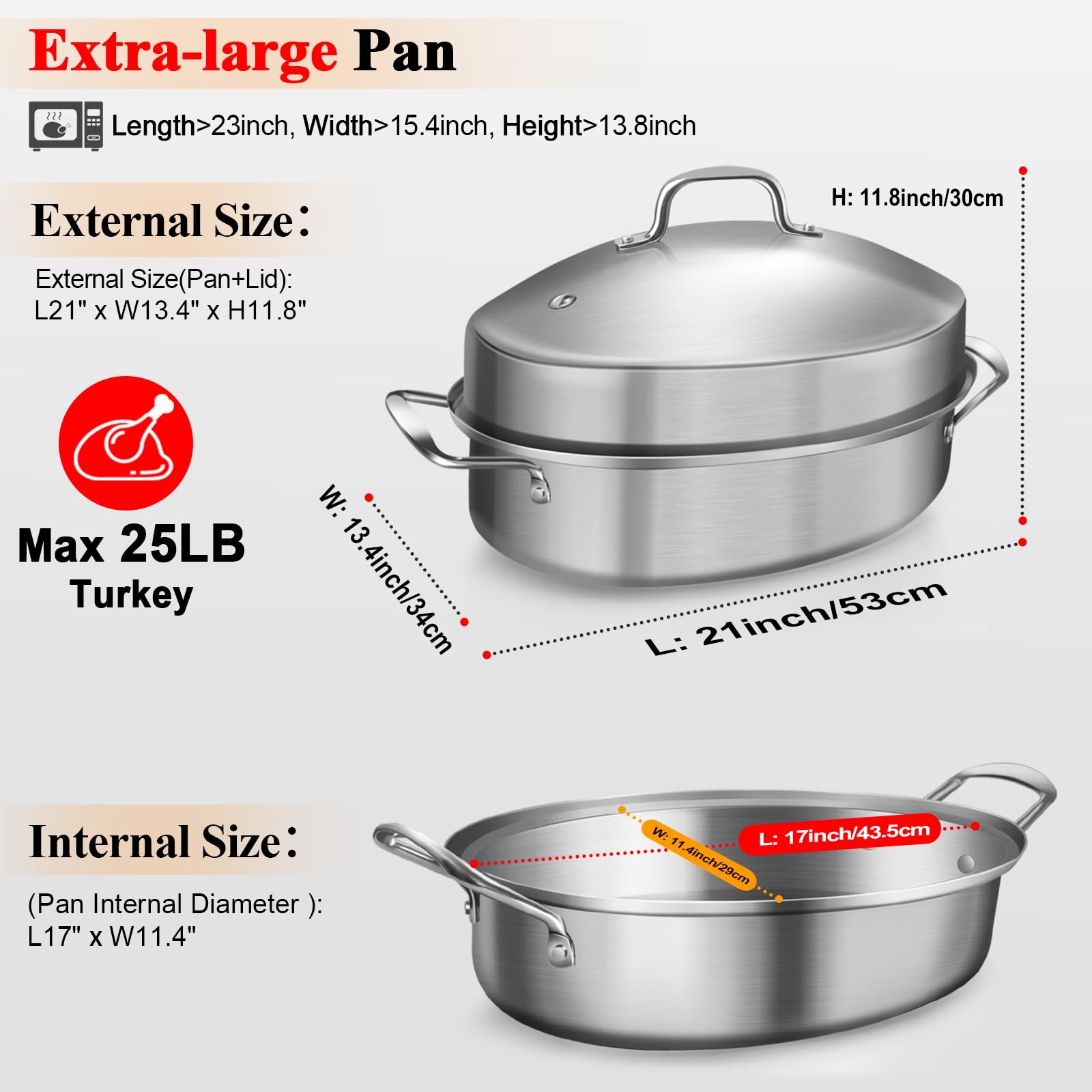 21 Inch Stainless Steel Roasting Pan with Rack and Lid For Turkey Chicken