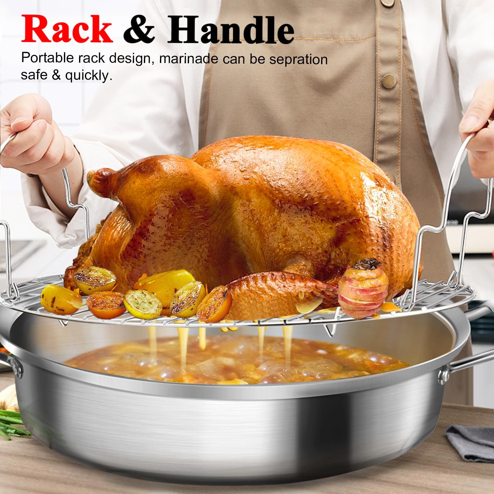 21 Inch Stainless Steel Roasting Pan with Rack and Lid For Turkey Chicken