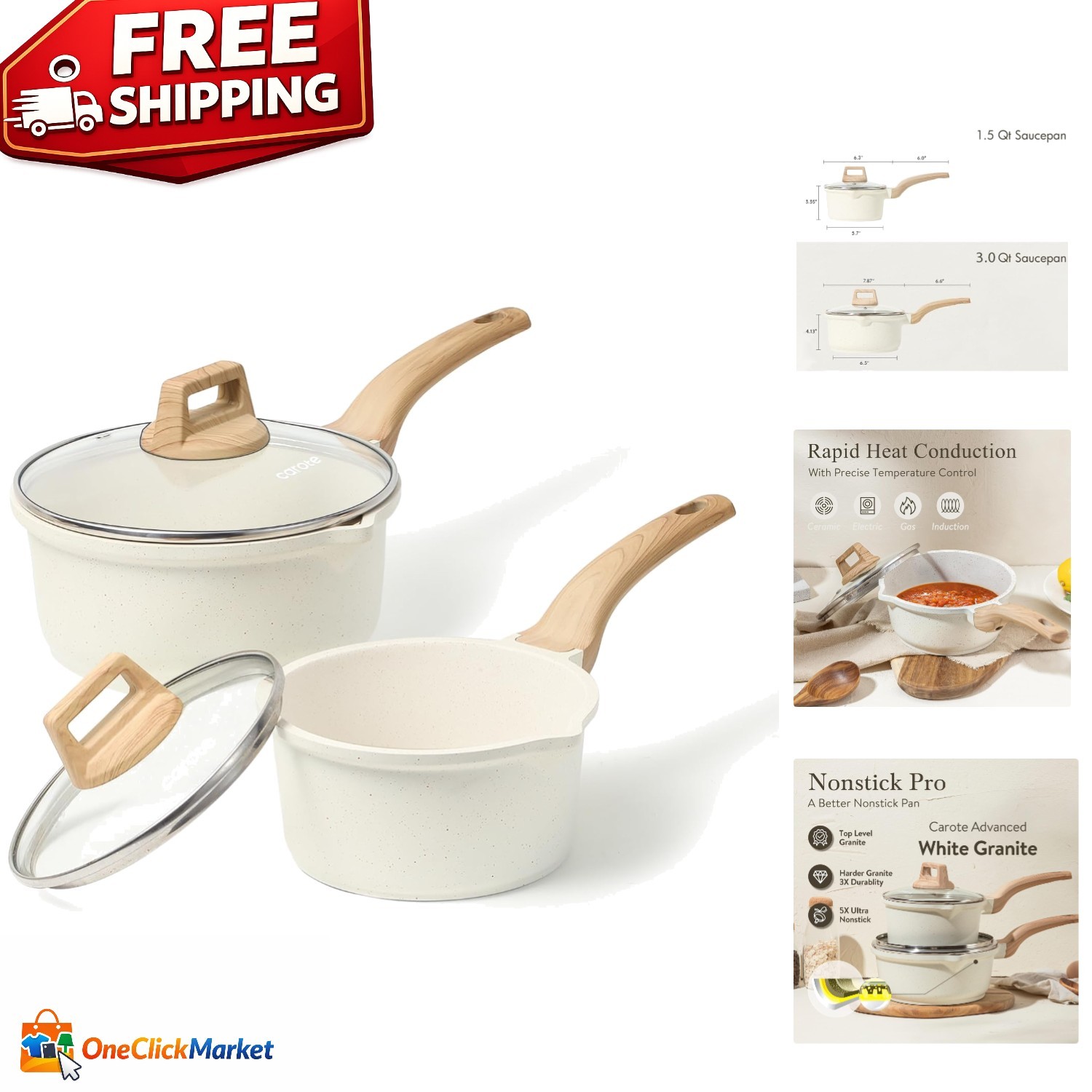 Elegant 2-Piece Nonstick Saucepan Set – 1.5Qt & 3.0Qt White Granite Cookware