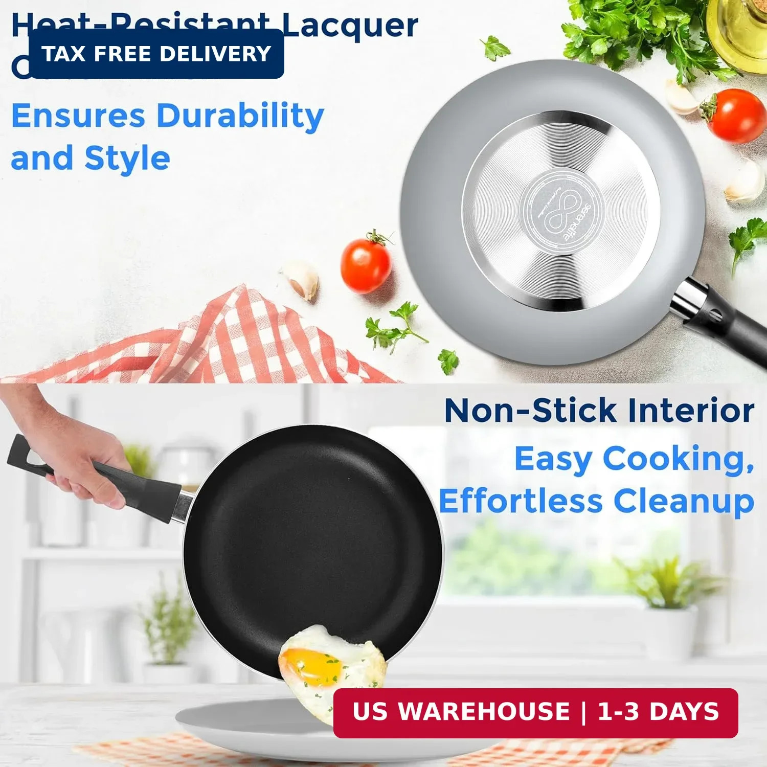 SereneLife Kitchenware Pots and Pans Set, Basic Kitchen Nonstick Cookware Set, H