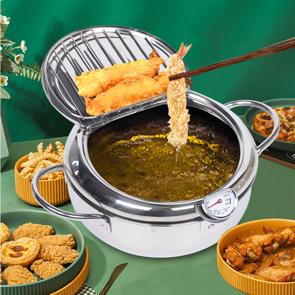 2.2L Deep Fryer Pot Non-sticky Kitchen Deep Frying Pan Fry Foods w/Thermometer