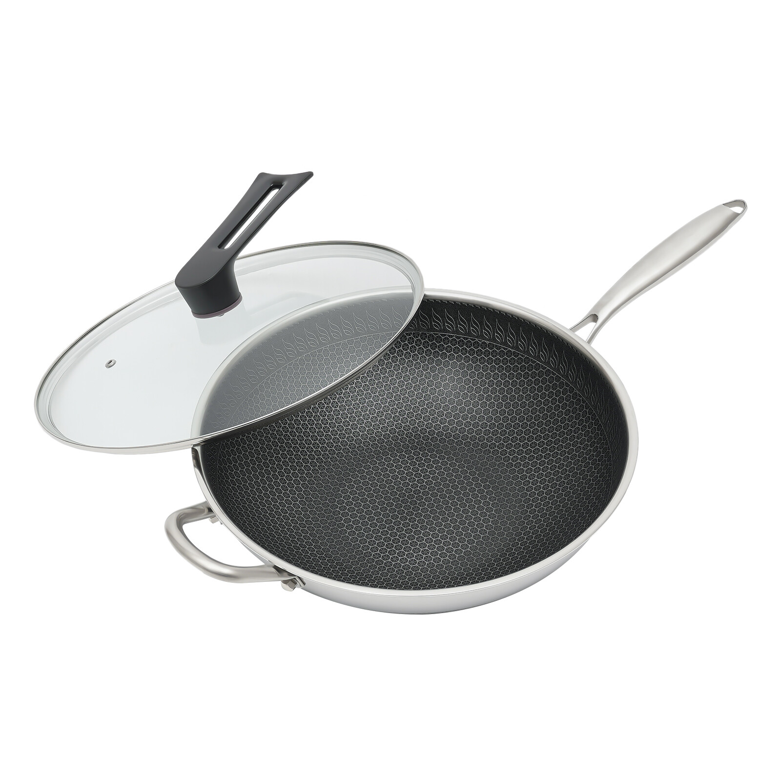 Non Stick Double Sided Honeycomb Cooking Frying Wok Pan with Lid Stainless Steel