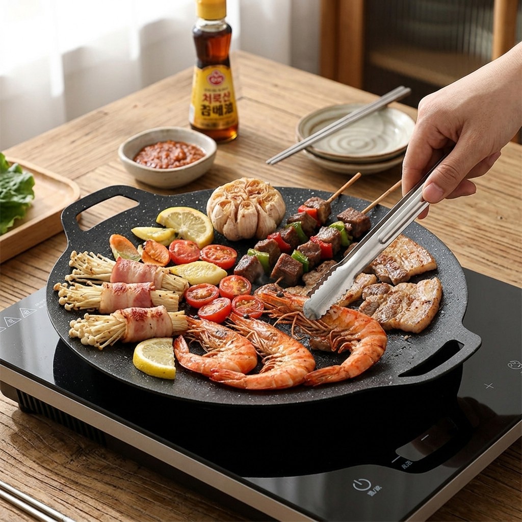 Korean Cast Iron Grill Pan Non-Stick BBQ Griddle for Induction & Gas Stove