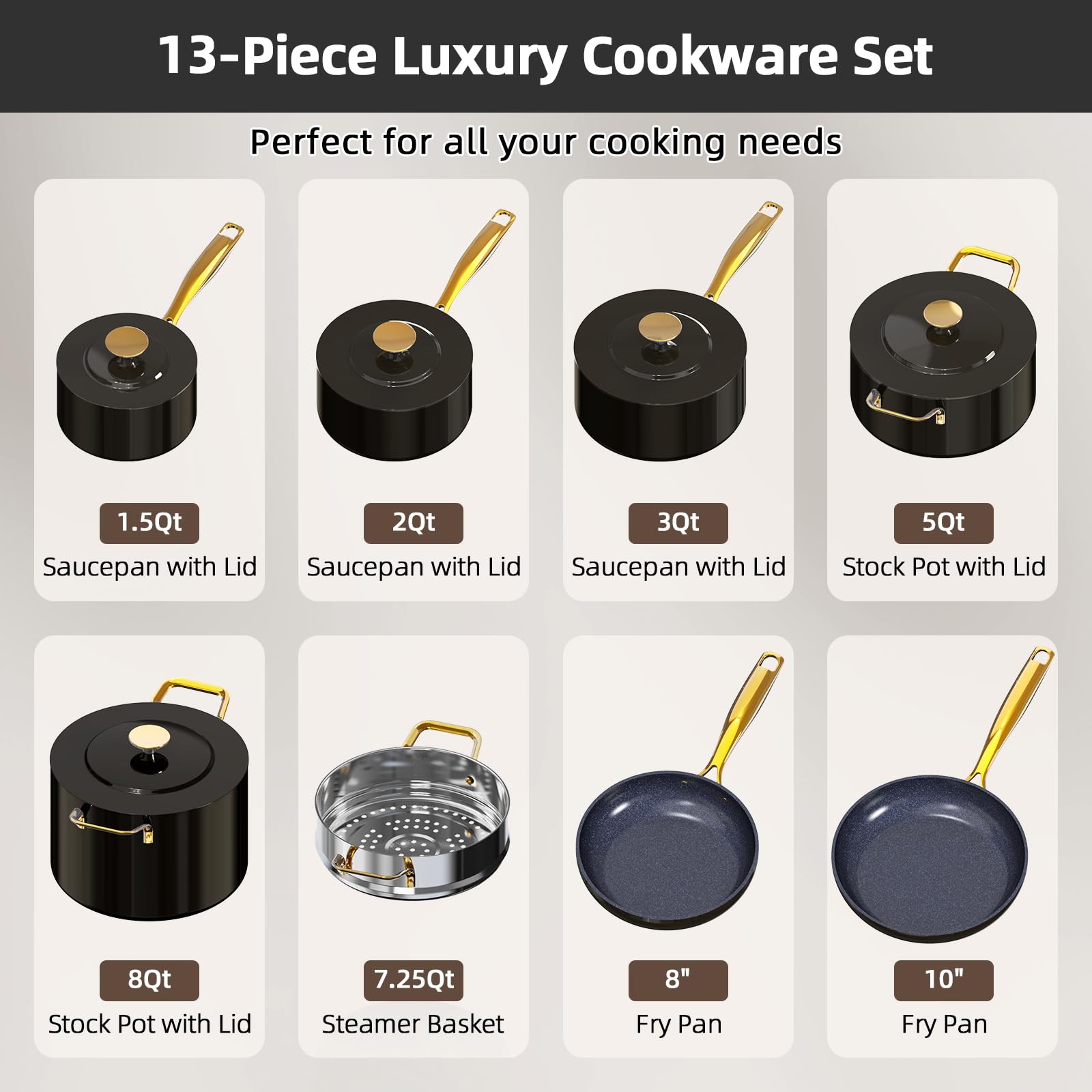 Nuwave 31911 Lux LE 13-Pc Cookware Set with Elegant Gold Handle, Diamond Infused