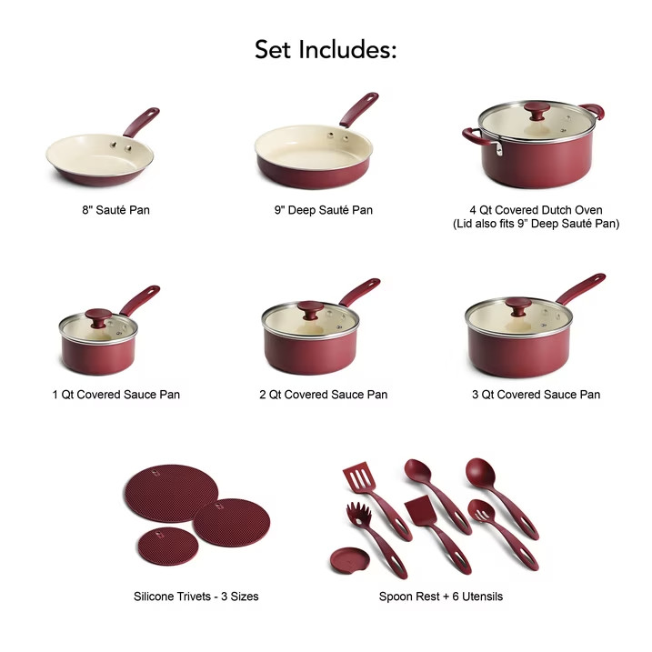 Tramontina Ceramaware 20-Piece Ceramic Nonstick Cookware Set, Wine
