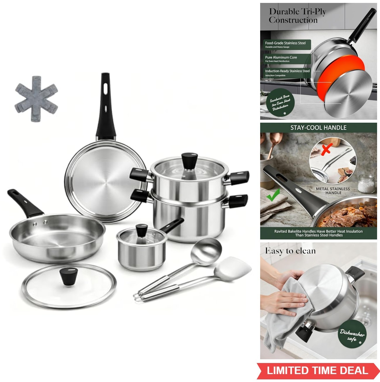 Stainless Steel Cookware Set 14 Piece Pots and Pans Induction Compatible Non