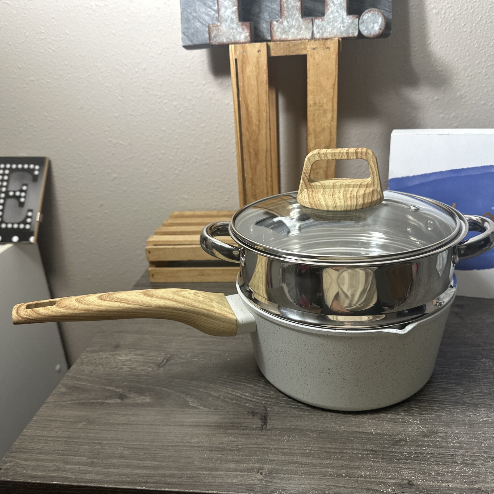 Earth Elements 2.5 Quart Sauce Speckled Pot With Steamer Cookware New In Box