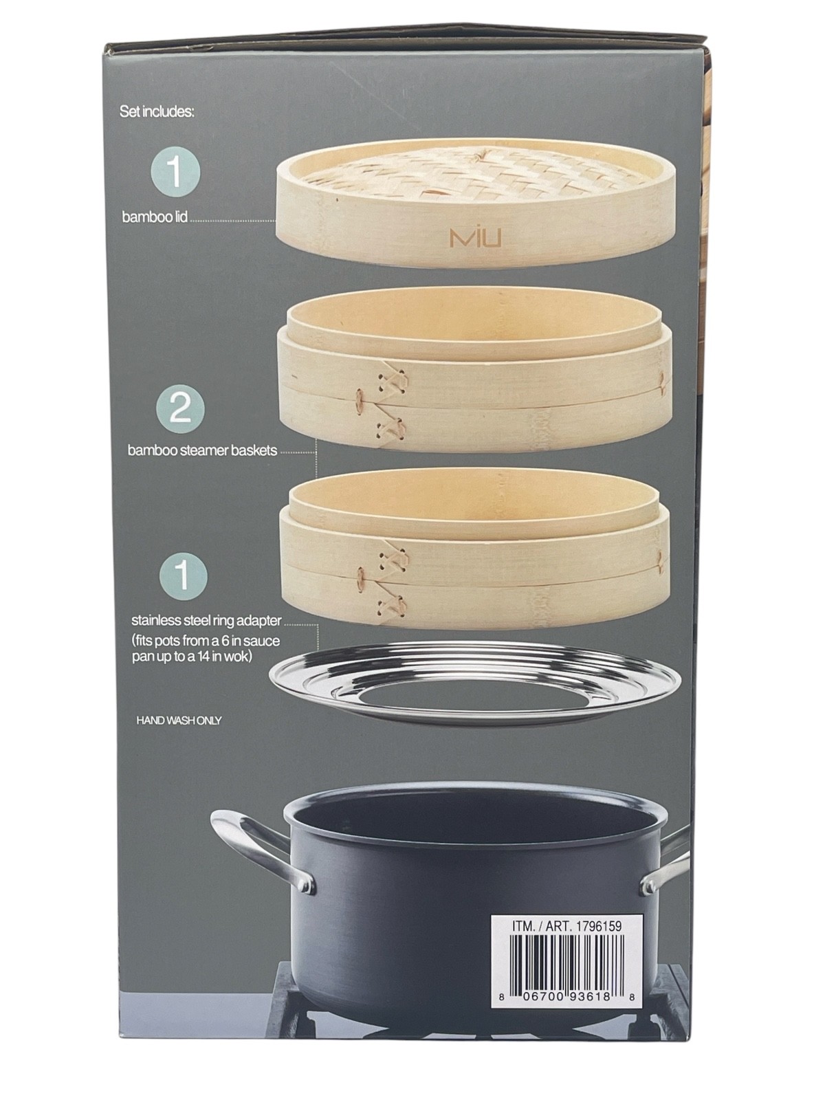 MIU 10″ 2-Tier Bamboo Steamer Basket With Stainless Steel Ring Adapter Dim Sum