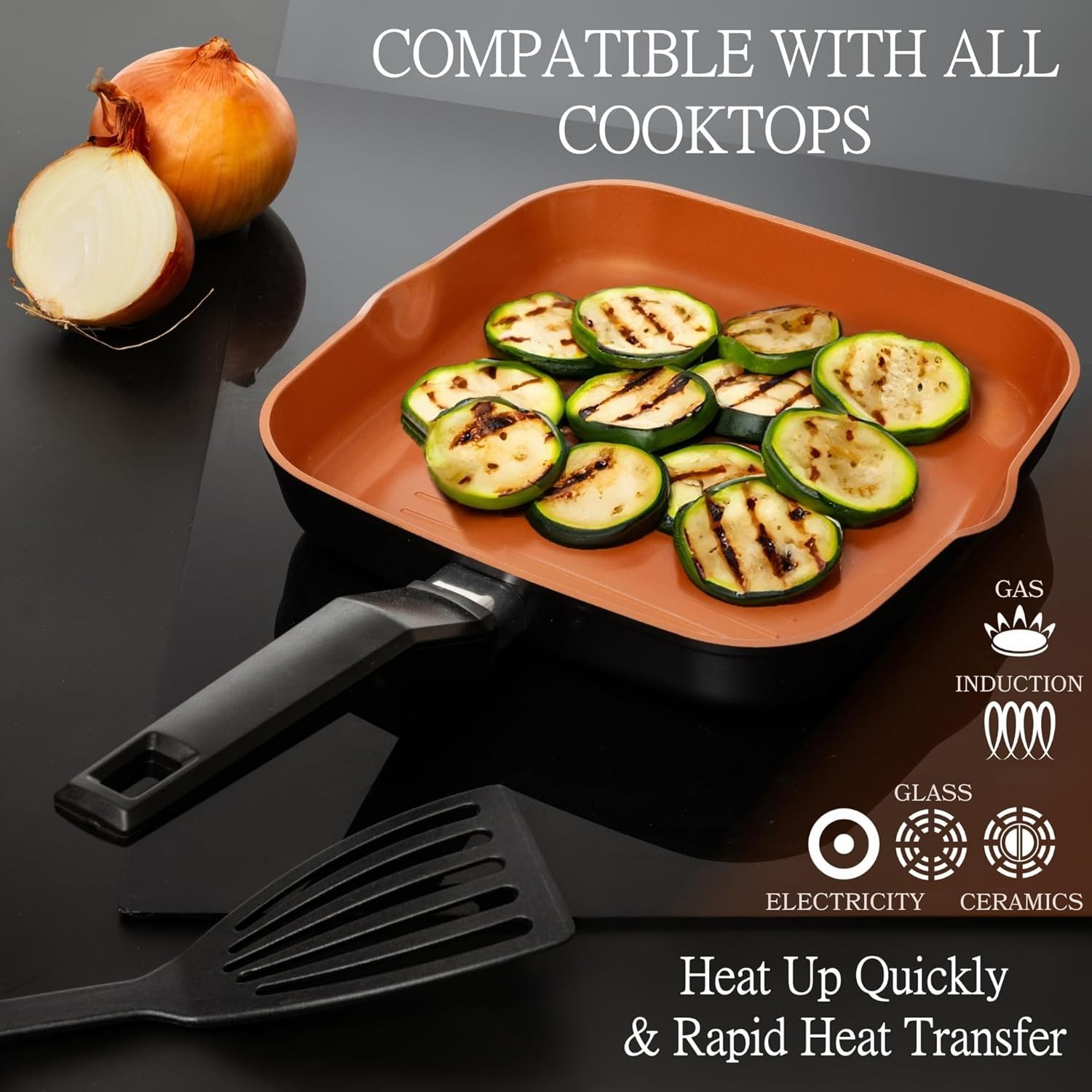 9.5″ Square Grill Pan Nonstick Copper Frying Pan Induction Stove Top
