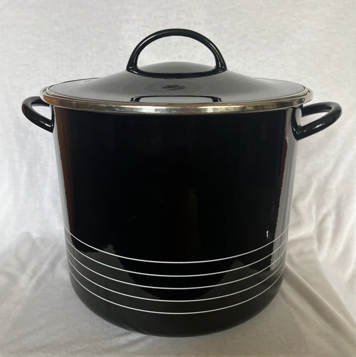 Vtg. COPCO Sam Lebowitz Design Spain 10Qt Black White Enamel Stockpot & Lid
