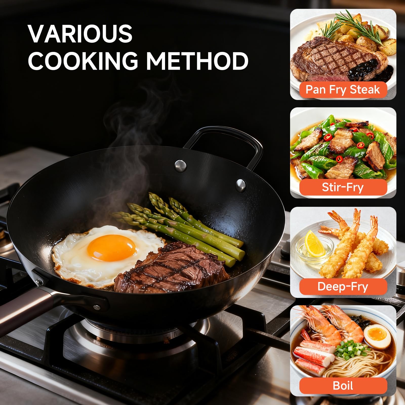 13.5″ Carbon Steel Wok Pan – Pre-Seasoned Flat Bottom Woks & Stir-fry Pans Ch…