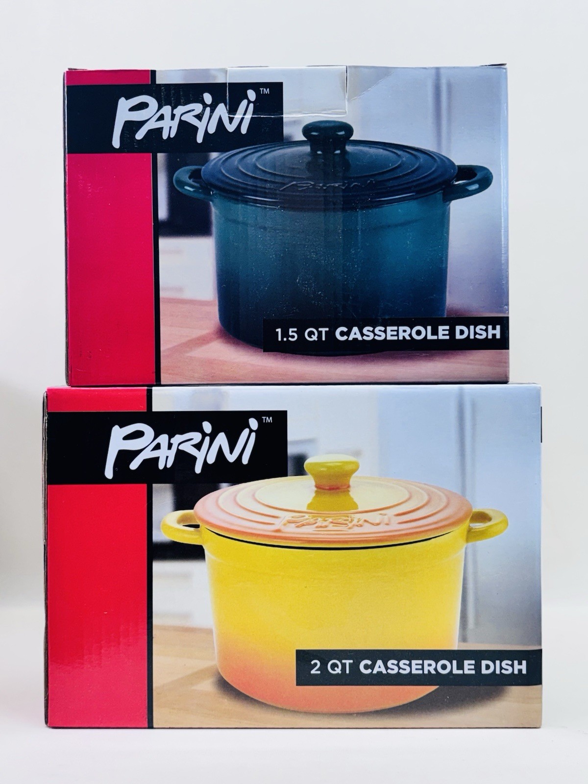 Parini Stoneware Casserole Dish Set 2 Qt 1.5 Qt w Lids New In Box Lot 2