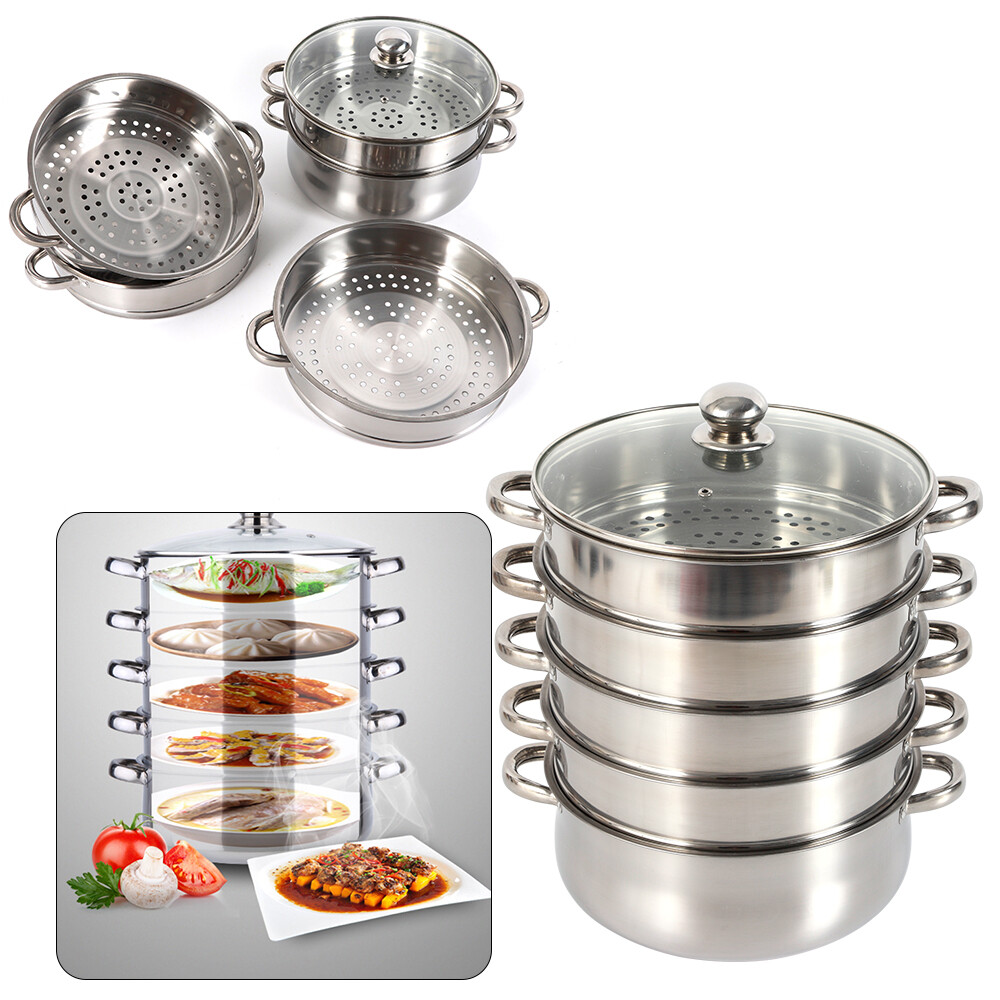 5 Tier Stainless Steel Steamer Cooker Steam Pot Kitchen Food Cooking + Glass lid