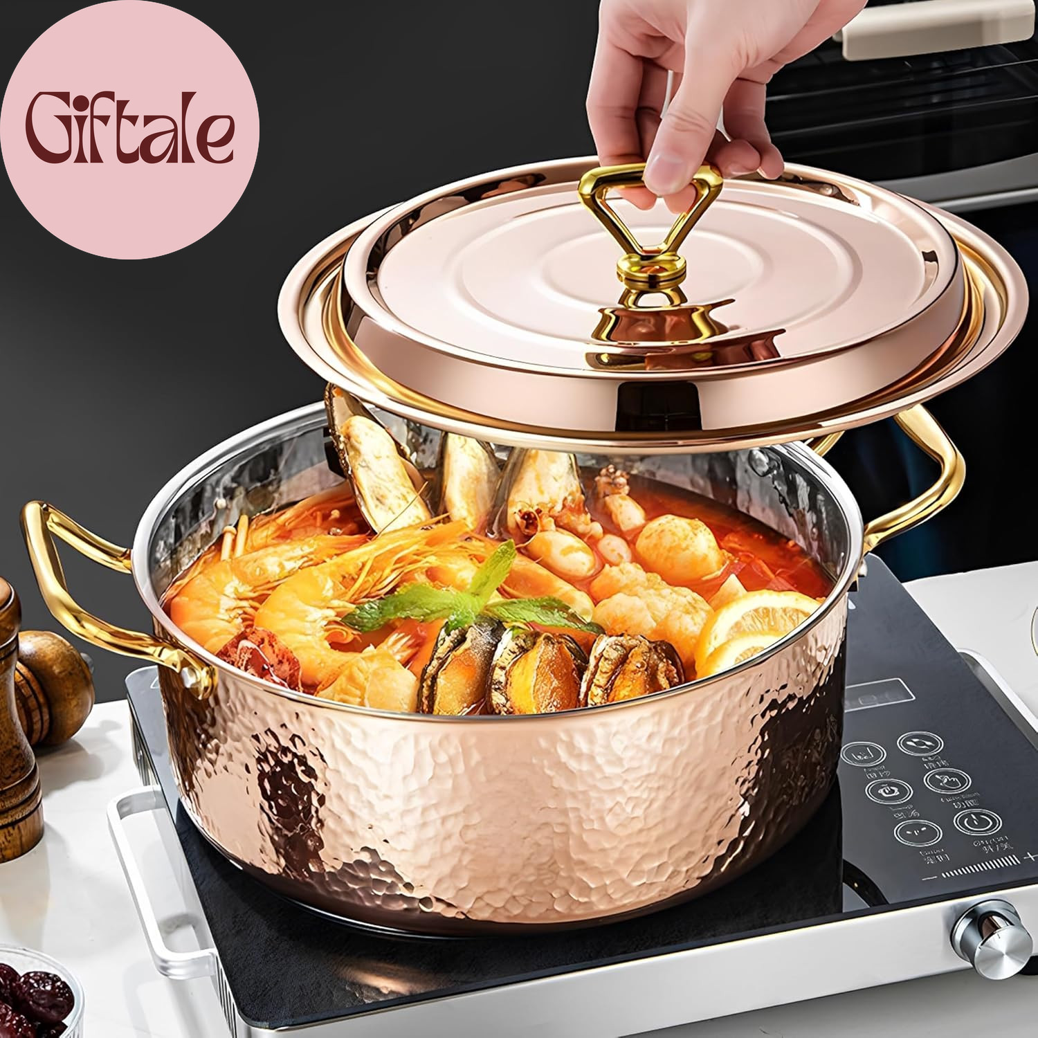 4.2QT Hammered Stock Pot with Lid, Copper Rose Gold, Tri-Ply Stainless Steel, Mu