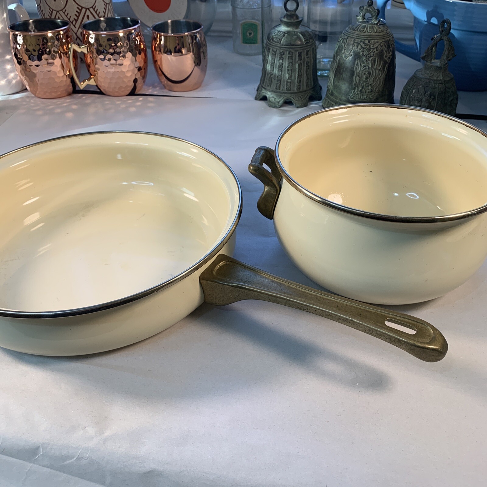 Vintage La Cuisine 2-Pc Pot & Saucepan 1983 Gailstyn-Sutton Enamel Cream Gold