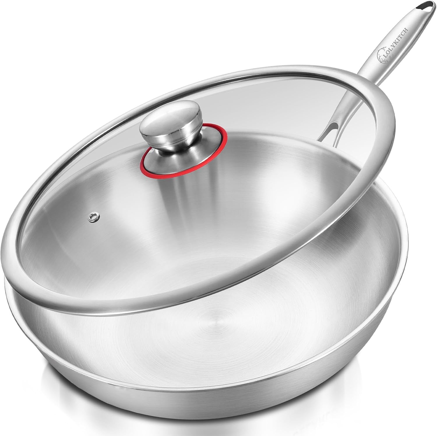 Tri-Ply 13 Inch Stainless Steel Wok Pan with Lid, Stir-Frying Pan,Induction Wok