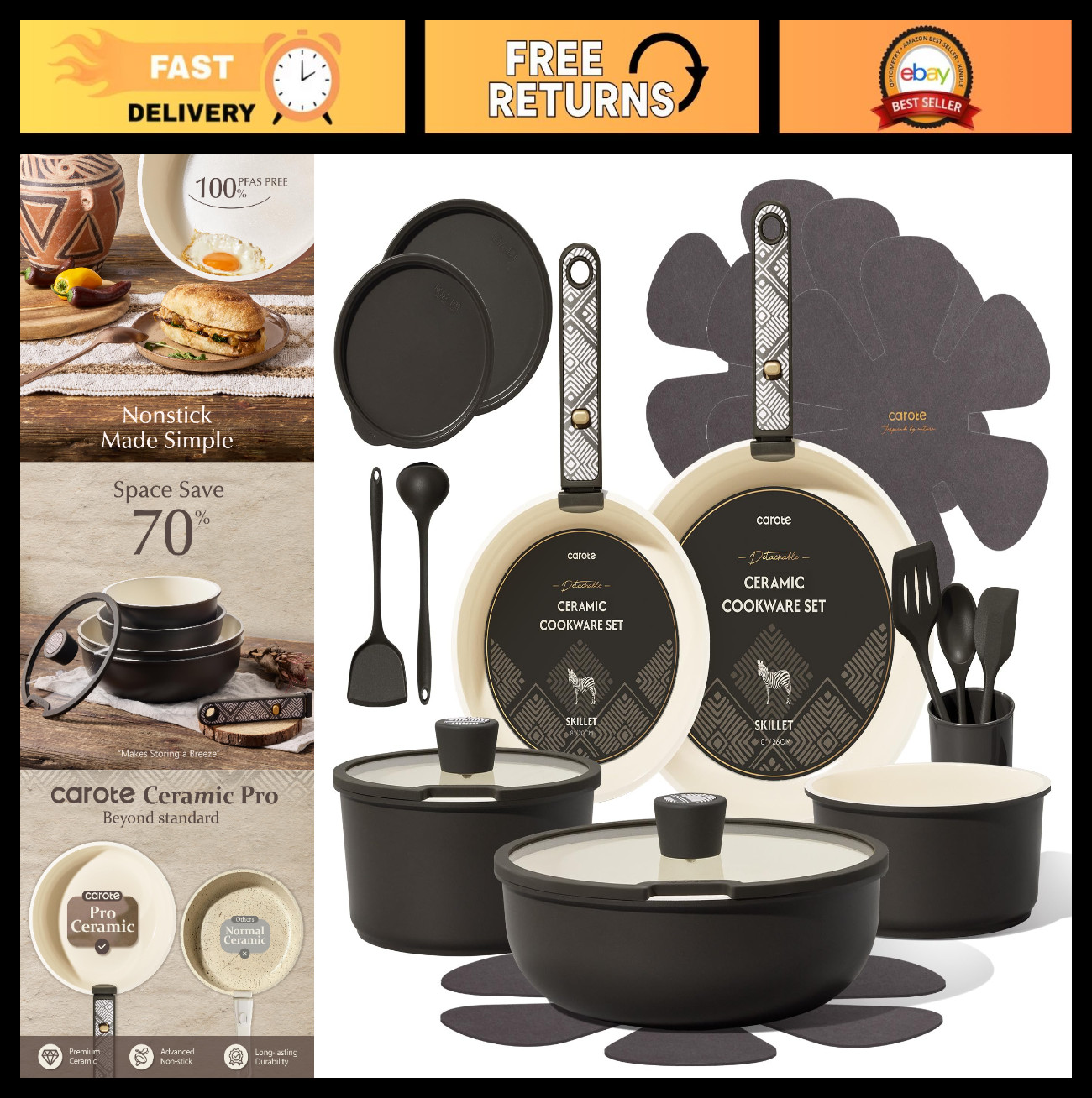21-Piece Nonstick Ceramic Cookware Set, Induction Compatible, Detachable Handle,