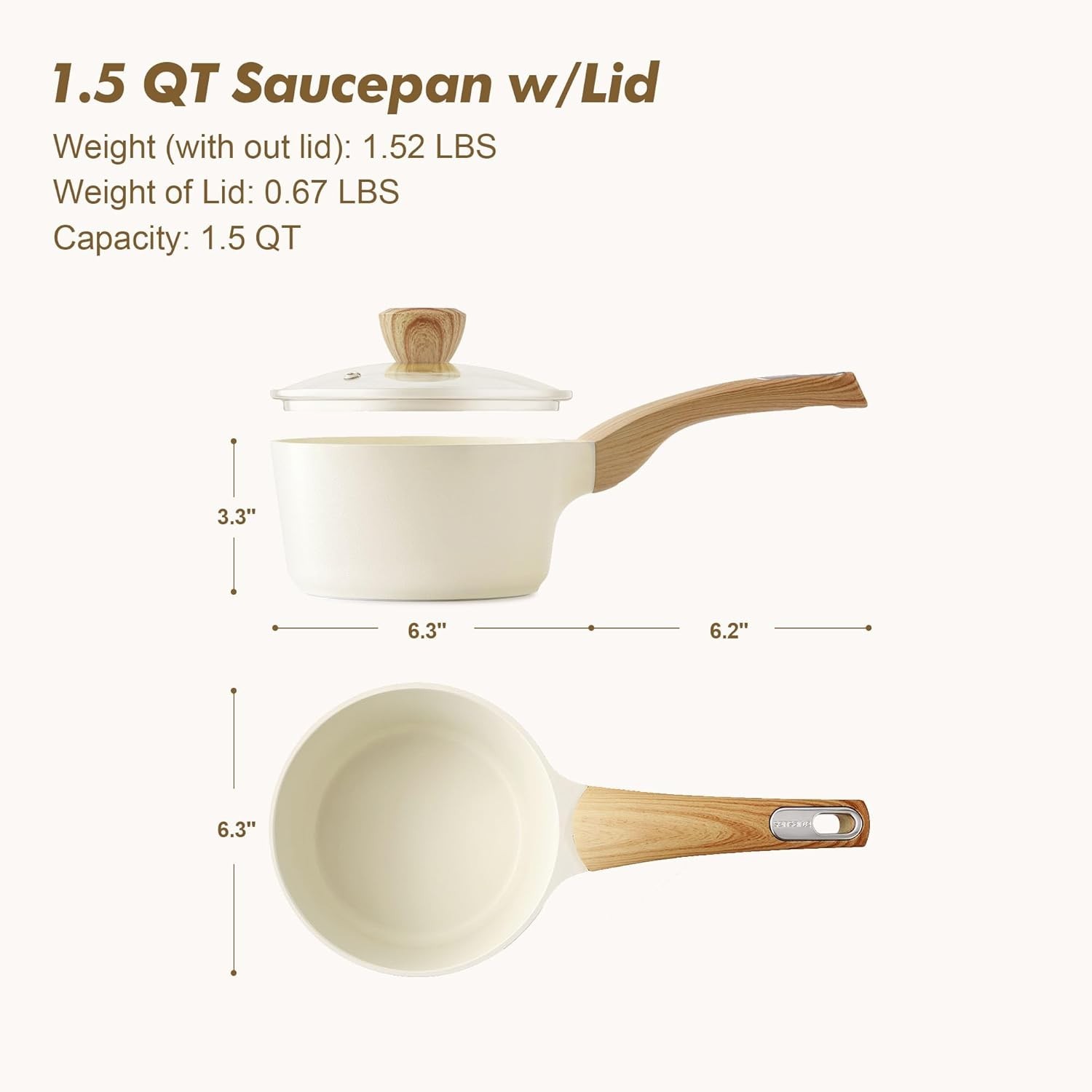 Ceramic Nonstick Sauce Pan with Lid, 1.5 Quart Small Saucepan, White Cooking …