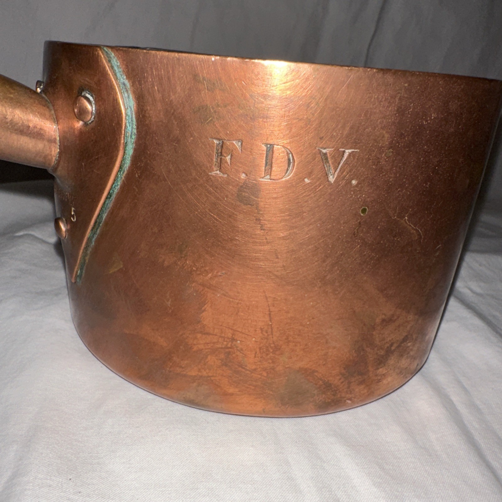French Copper Sugar Pot Confectioners Sauce Pan Pour Spout Wooden Handle Rivets