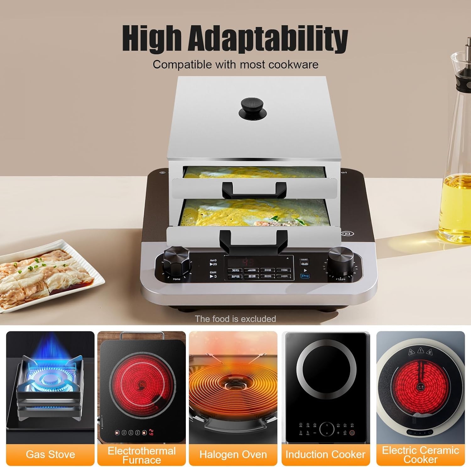 2 Layer Rice Noodle Roll Steamer 304 Stainless Steel for Stove Induction Cooktop