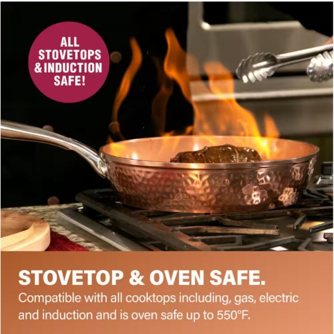 Hammered Copper 12 in. Aluminum Non-Stick Fry Pan with Glass Lid