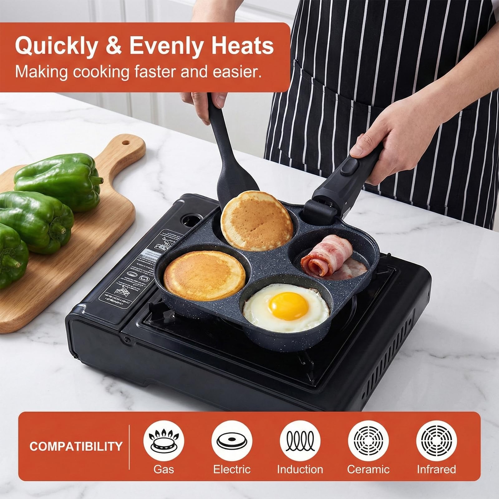 1 PC 4Cup Nonstick Aluminum Omelette Egg Pan Detachable Handle Skillet