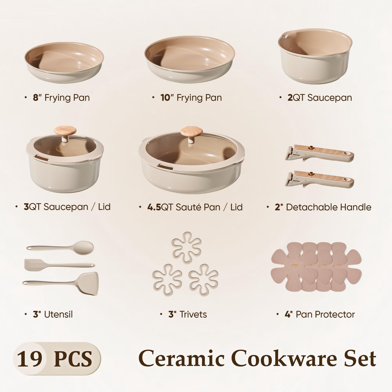 CAROTE Ceramic Pots and Pans Set, Cookware Set Detachable Handle, 19 Pcs