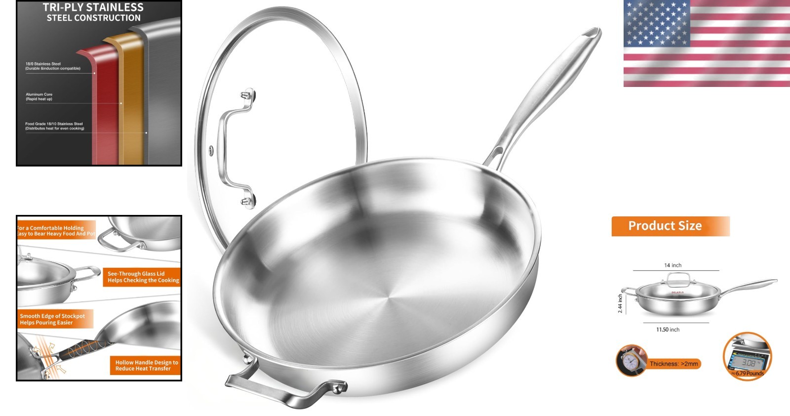 Versatile 14-Inch Heavy Duty Frying Pan with Lid – Perfect for Induction & Gas
