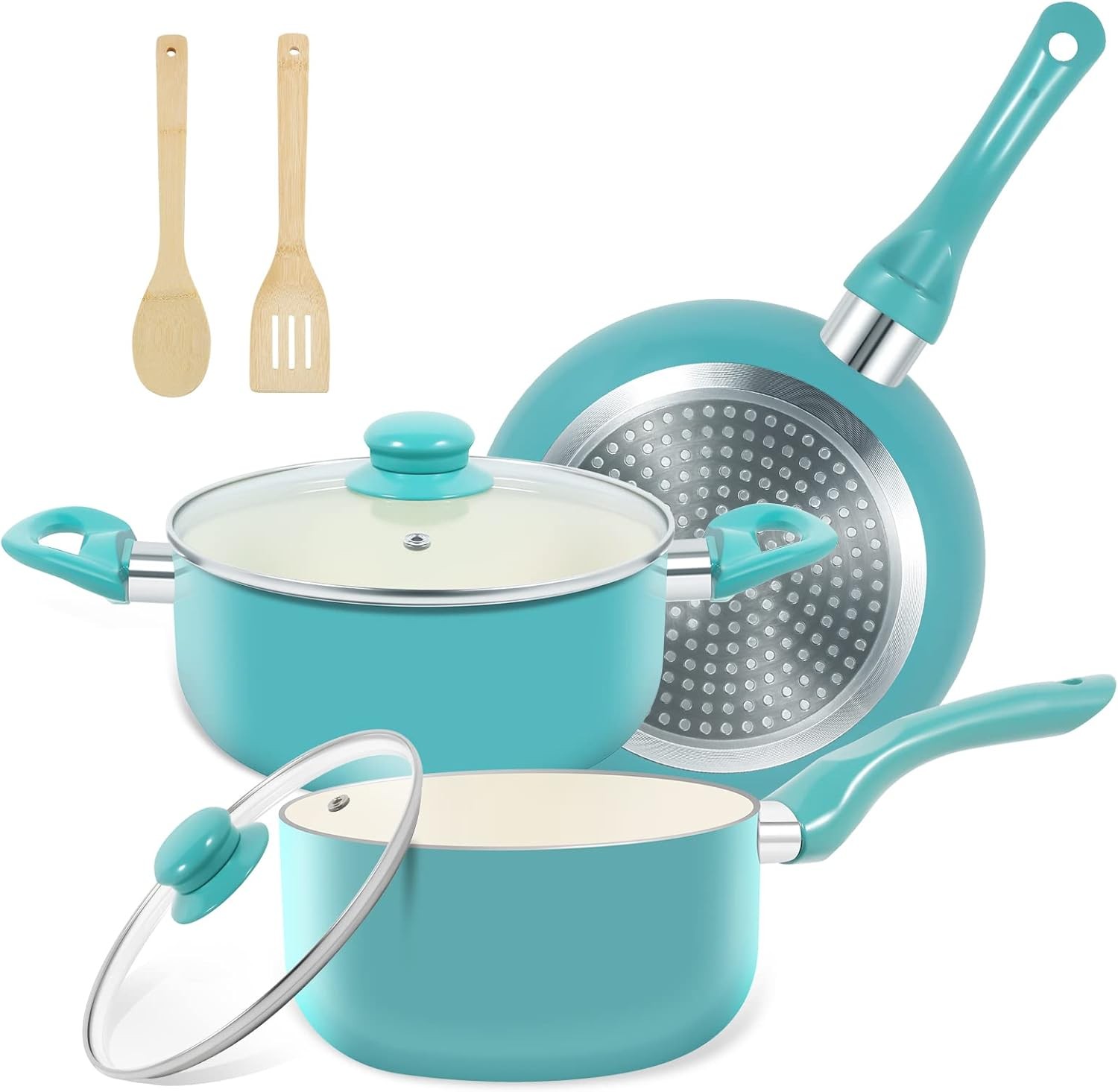 Nonstick Ceramic Pots & Pans Set 8 inch Skillet Saucepans Bamboo Utensils New