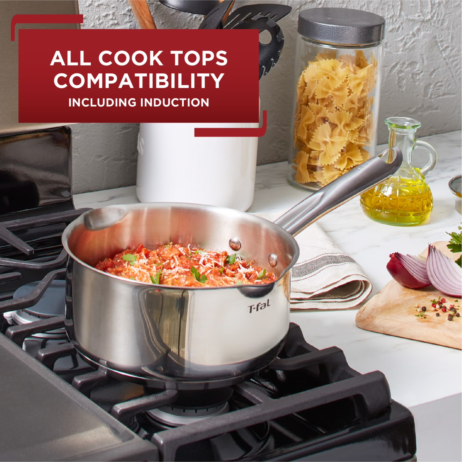 T-fal Cook & Strain Stainless Steel Cookware, Sauce Pan with lid, 3 quart