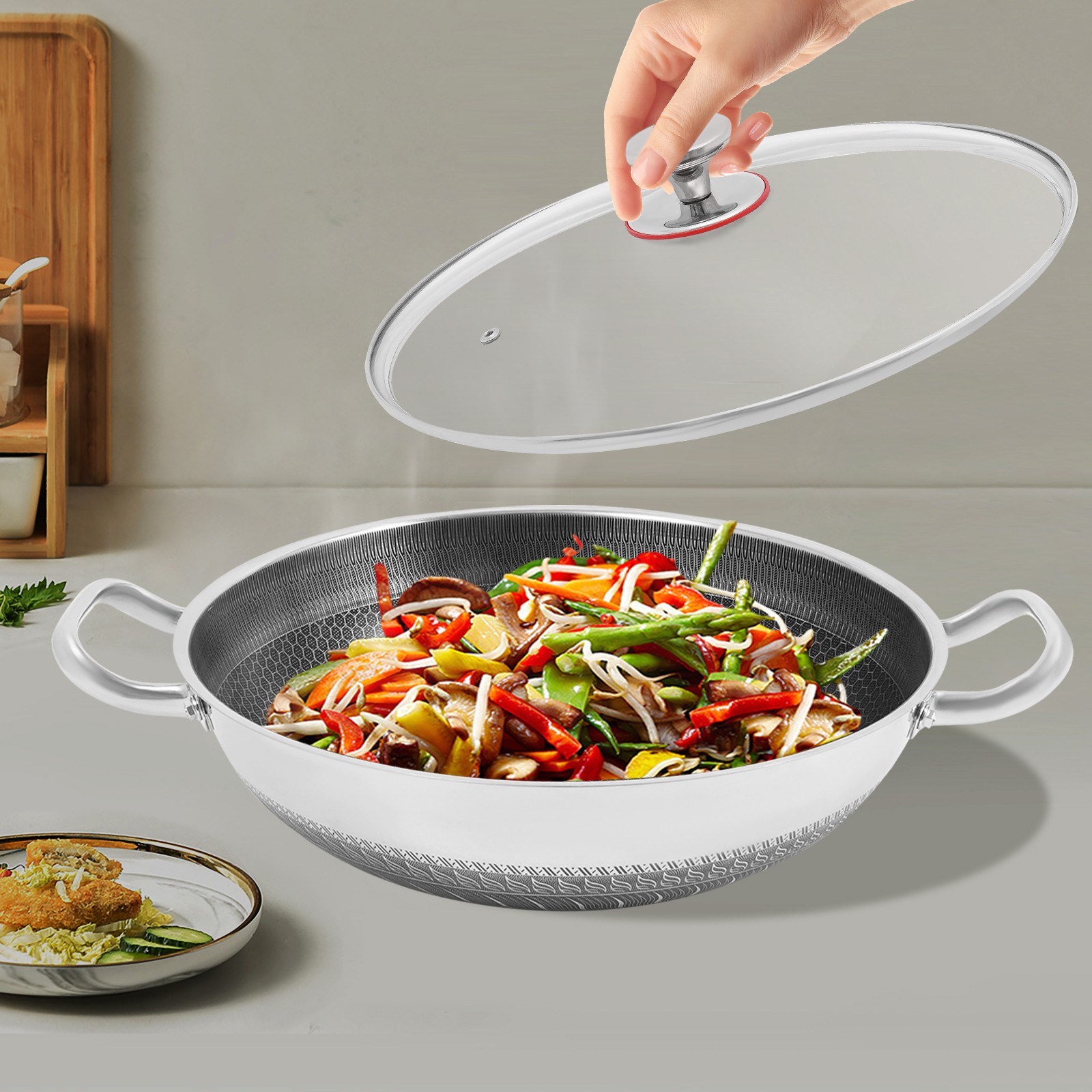 13.19*3.7in Skillet With Lid 14 Inch Non Stick Paella Pan SS Frying/Cooking Pan