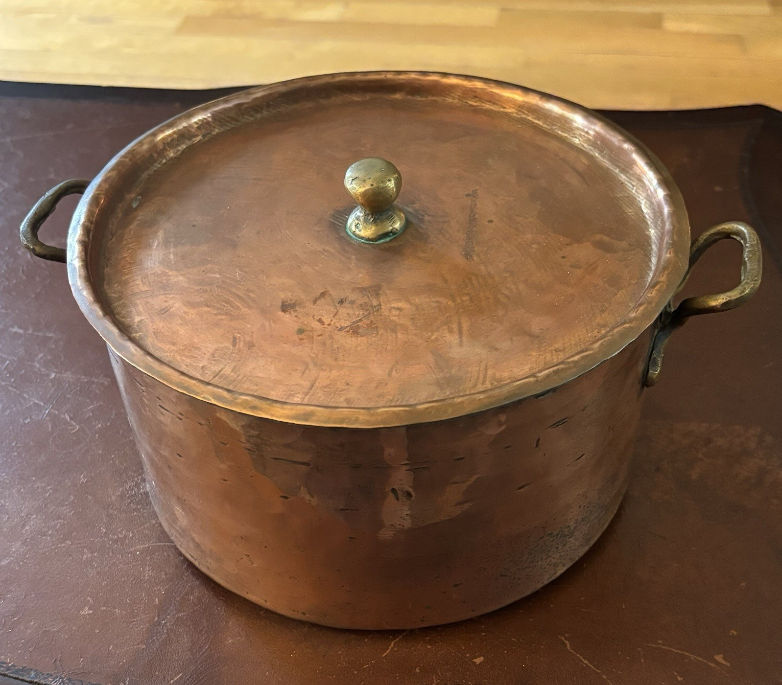 Vintage hand hammered copper casserole pot with lid and brass handles- heavy